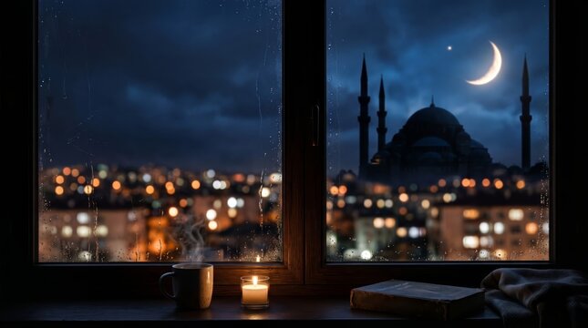 Lofi Rainy Window Background with Mosque Silhouette and Crescent Moon Copy Space