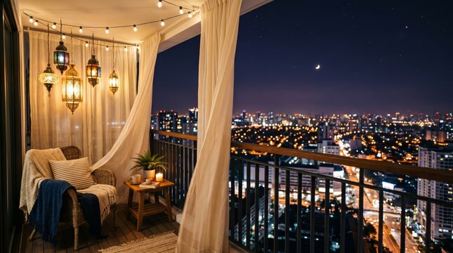 Lofi Night Balcony with Islamic Lanterns and City Lights Copy Space Background
