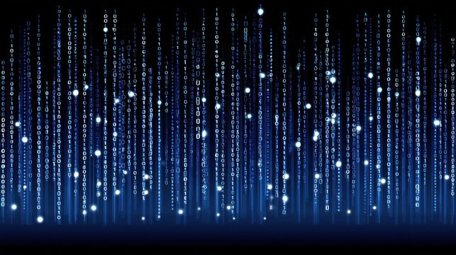 Abstract Digital Rain of Blue Binary Code and Glowing Particles.
