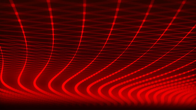 An abstract digital wave of particles. Dark background. Red glowing dots align in undulating arcs, creating an abstract flow of energy. Vector.