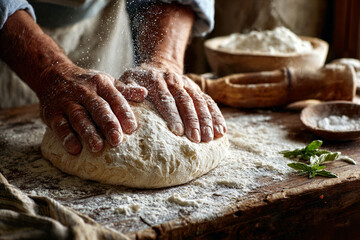 Obraz premium Baker's hands expertly kneading a rustic dough on a flour-dusted wooden table