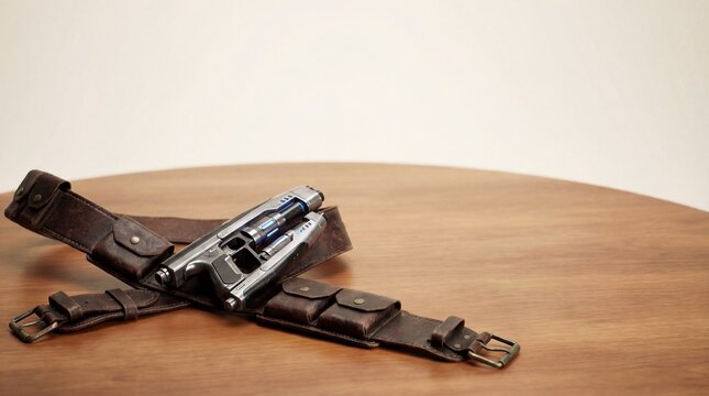 Futuristic sci-fi blaster pistol lying on a brown leather utility belt