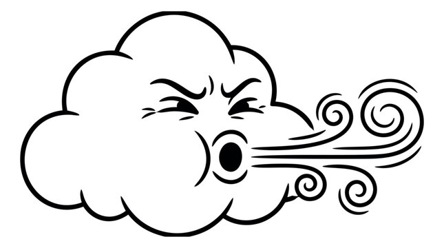 Cartoon illustration of an angry wind cloud depicting blowing air with swirling gusts for weather and nature design