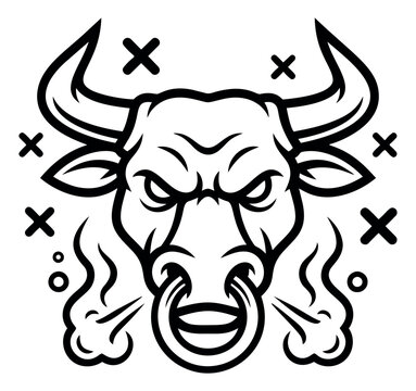 Cartoon illustration of an angry bull head depicting fierce expression with nose ring and steam for sports and mascot design