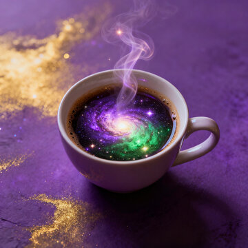 Cosmic Coffee with Purple and Green Nebula Galaxy Inside White Cup on Textured Purple Background