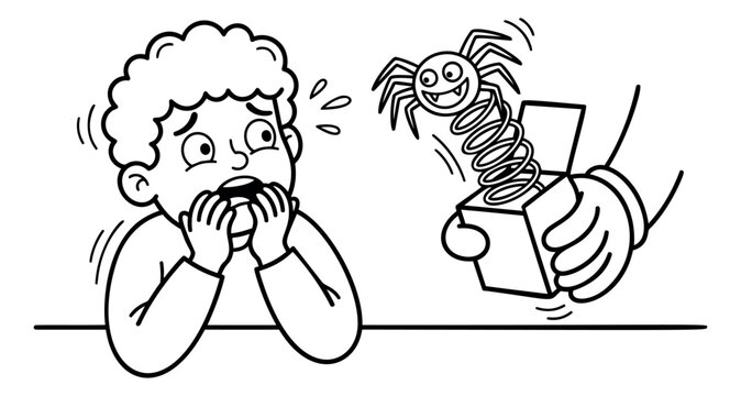 Cartoon illustration of scared child depicting jack in the box spider prank for humor and entertainment design