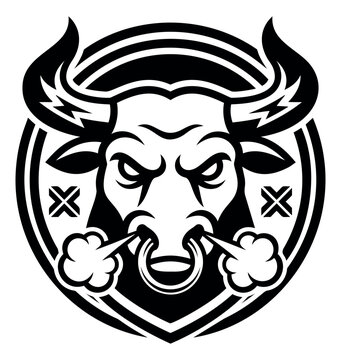 Bold cartoon illustration of an angry bull head depicting a fierce mascot with nose ring and snorting steam for sports and team branding