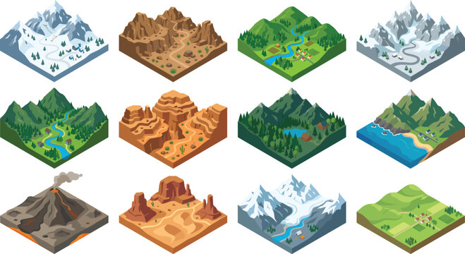 Isometric Vector Set of Natural Landscapes and Geographic Landforms for Game Design and Map Building