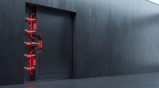 Futuristic sci-fi metal vault door with glowing red lights on concrete wall