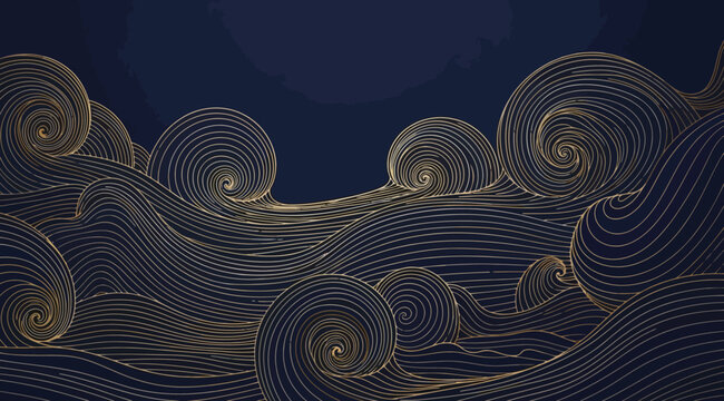Abstract ocean waves with golden line art on dark blue background, traditional japanese style