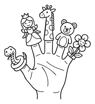 Cartoon illustration of finger puppets depicting a hand with snake, princess, giraffe, bear and flower characters for kids and coloring book design