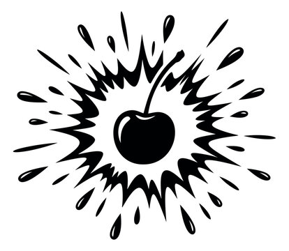 Silhouette illustration of exploding cherry depicting juice splash impact for food and beverage design
