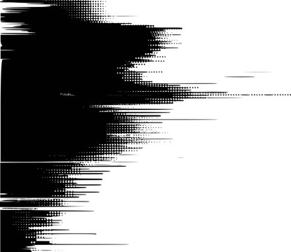 Abstract black and white halftone pattern with glitch effect and horizontal lines