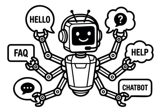 Outline illustration of a multiarmed chatbot robot depicting FAQ help and greeting functions for technology and customer service design