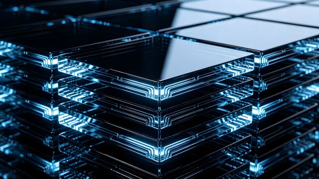 Abstract data center concept with modular geometric glass stacks