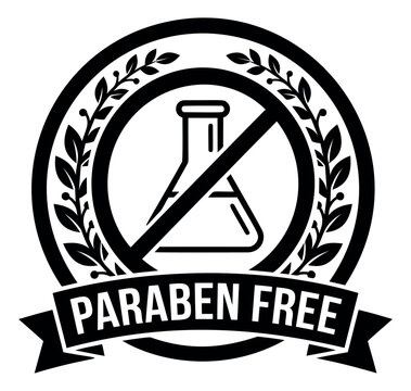 Bold silhouette illustration of paraben free badge depicting a prohibited laboratory flask with laurel wreath for cosmetic product labeling
