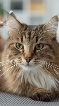 Close up portrait of a fluffy Siberian cat with green eyes blinking slowly while resting on a grey couch