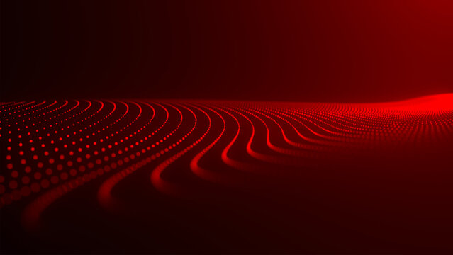 An abstract digital wave of particles. Dark background. Red glowing dots align in undulating arcs, creating an abstract flow of energy. Vector.