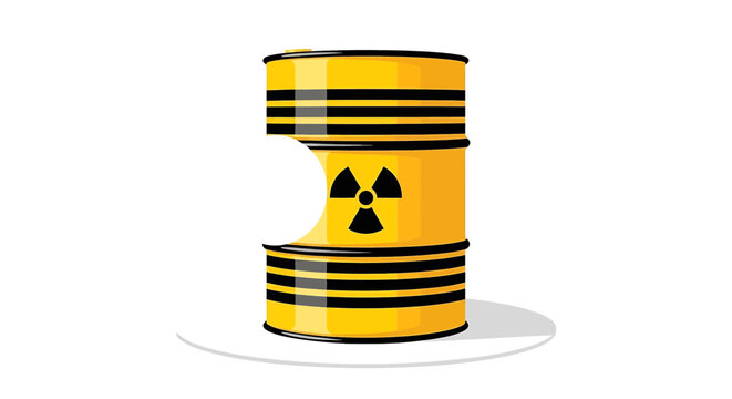 Yellow radioactive waste barrel with a bite mark, vector illustration of a toxic hazard container