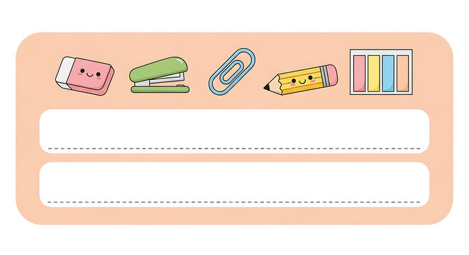 Cute Kawaii Stationery Label Template with School Supplies Icons.