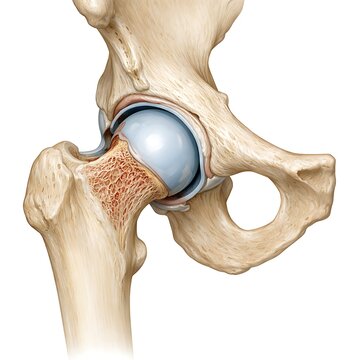 Human Hip Joint Replacement Anatomy Illustration - Total Hip Arthroplasty with Femoral Implant and Pelvic Bone Structure