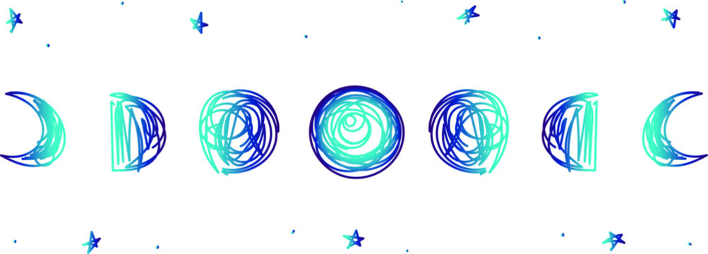 Elegant hand-drawn moon phases featuring a smooth blue gradient that captures the essence of a clear night sky. These tranquil celestial elements are perfect for meditation app interfaces, calming sle