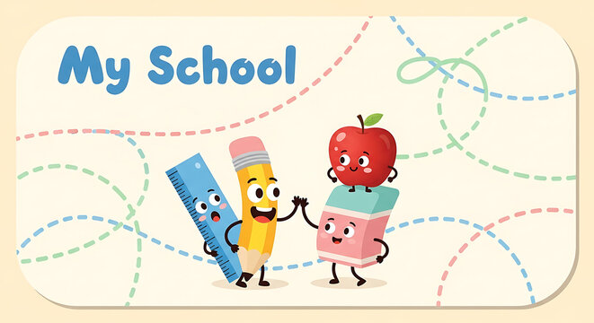 Cute school supplies cartoon characters giving high five.