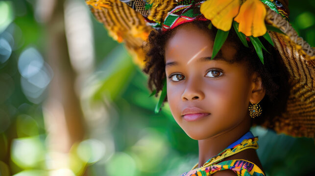 Madagascar Independence Day, portrait of a little Madagascar girl in a national costume. Child celebrating cultural heritage with traditional lamba and festive smile