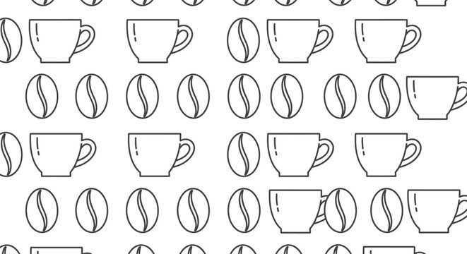 Coffee cups and beans seamless pattern in minimalist line art style.