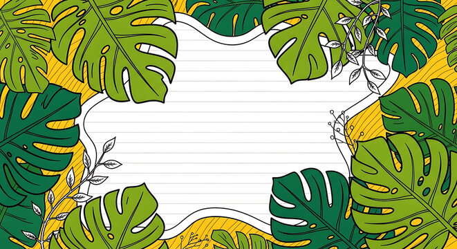 Decorative Monstera Leaf Frame Border with Blank White Center.