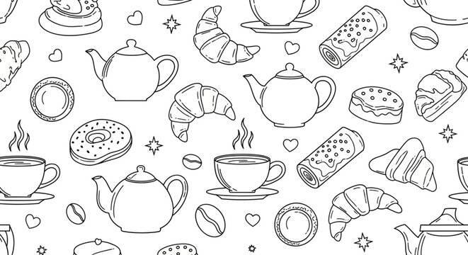 Seamless pattern with coffee, croissants, donuts and teapots in doodle style.