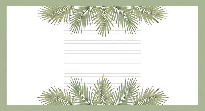 Decorative stationery page with palm leaf botanical illustrations and horizontal lines.