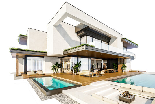 3d rendering of two-story house with parking and pool for sale or rent with concrete facade and beautiful landscaping on background. Clear sunny day isolated on white