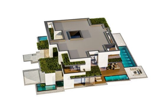 3d rendering of two-story house with parking and pool for sale or rent with concrete facade and beautiful landscaping on background. Clear sunny day isolated on white