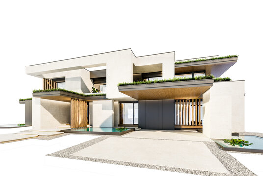 3d rendering of two-story house with parking and pool for sale or rent with concrete facade and beautiful landscaping on background. Clear sunny day isolated on white