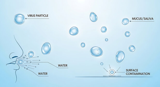 Diagram showing transmission of virus particles through respiratory droplets.