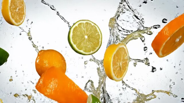 Fresh citrus fruit slices including lemons, limes, and oranges exploding in a water splash with liquid droplets, isolated on a white background, high-speed studio photography.
