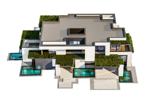 3d rendering of two-story house with parking and pool for sale or rent with concrete facade and beautiful landscaping on background. Clear sunny day isolated on white