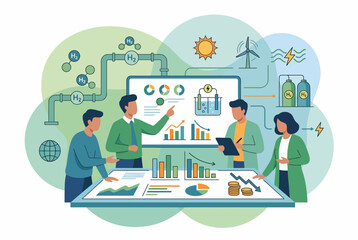 Naklejka premium Diverse Professional Team Analyzing Green Hydrogen Energy Data