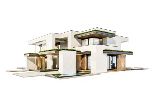 3d rendering of two-story house with parking and pool for sale or rent with concrete facade and beautiful landscaping on background. Clear sunny day isolated on white