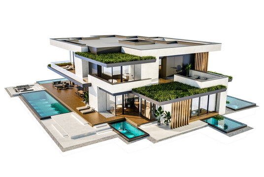 3d rendering of two-story house with parking and pool for sale or rent with concrete facade and beautiful landscaping on background. Clear sunny day isolated on white