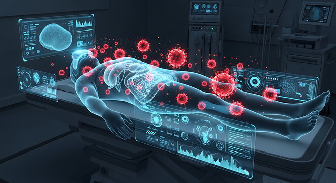 Digital Human Anatomy Model Infected With Viruses.