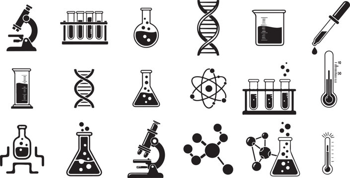 Science vector icons set, lab equipment illustration, chemistry icon and research symbol collection