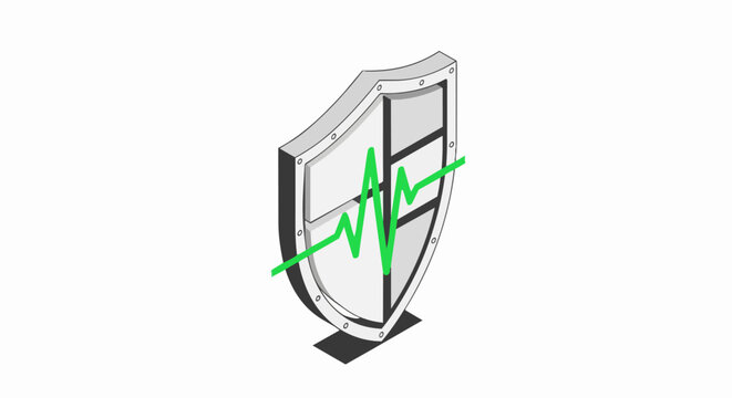 Medical Shield Icon with Green Pulse Heartbeat Line for Healthcare Protection and Insurance Concepts