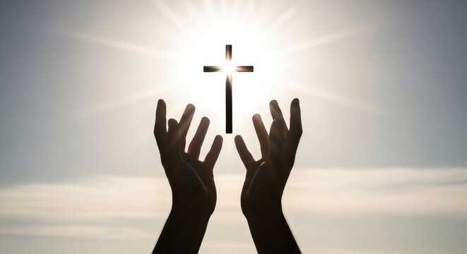 Woman hands reaching toward a glowing cross in the sky. Concept of prayer, faith, hope and belief. Christian religious worship background for easter or spiritual enlightenment theme.