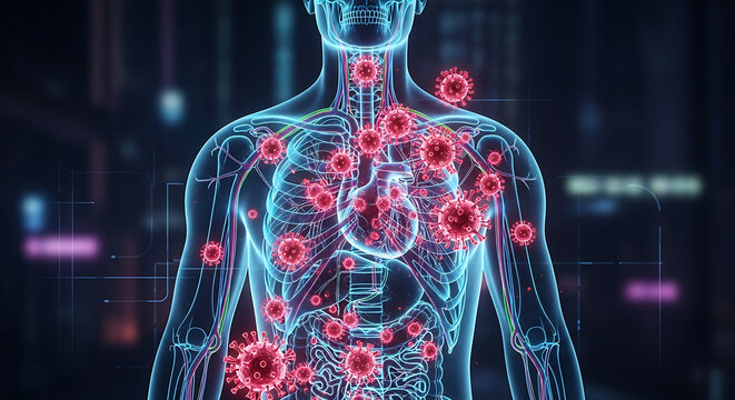 Digital illustration of human body anatomy infected by viral particles.