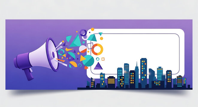 Digital marketing concept with megaphone and smartphone city interface.