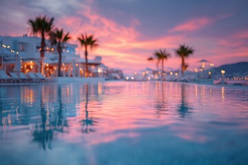 Obraz premium Blurred water park in resort with slides and summer family fun.