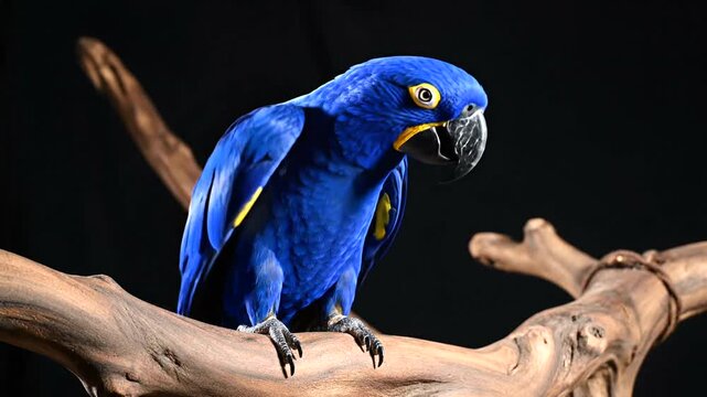 A stunning Hyacinth Macaw parrot perched on a tree branch against a dark background.