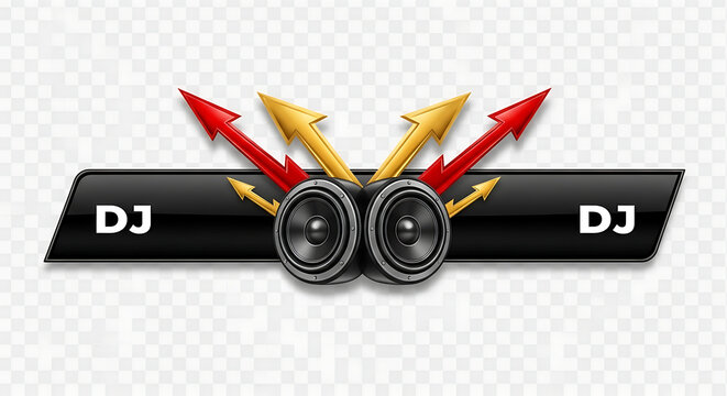 DJ logo design with speakers and dynamic arrows.